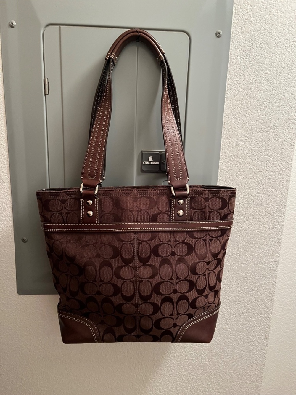 Coach F13973 Signature Canvas Tote Purse Dark Brown Leather Shoulder Bag Handbag - Picture 2 of 7